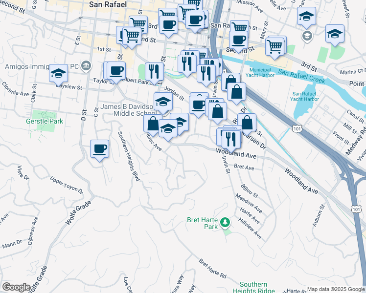 map of restaurants, bars, coffee shops, grocery stores, and more near 9 Bungalow Avenue in San Rafael