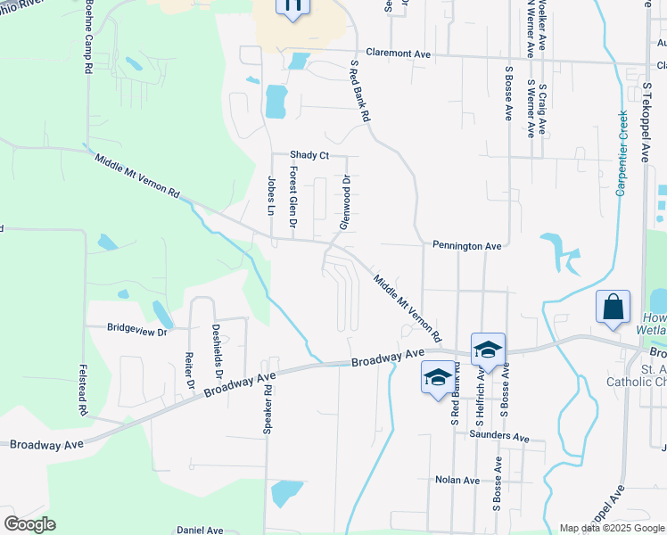 map of restaurants, bars, coffee shops, grocery stores, and more near 4800 Middle Mount Vernon Road in Evansville