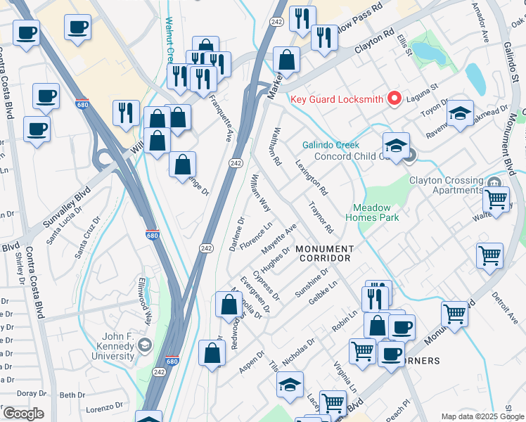 map of restaurants, bars, coffee shops, grocery stores, and more near 1507 William Way in Concord