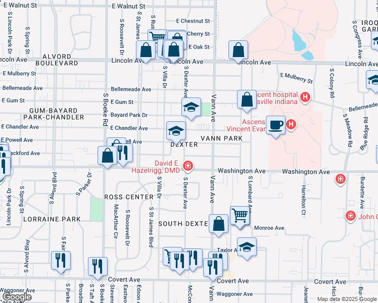 map of restaurants, bars, coffee shops, grocery stores, and more near 3000 East Blackford Avenue in Evansville