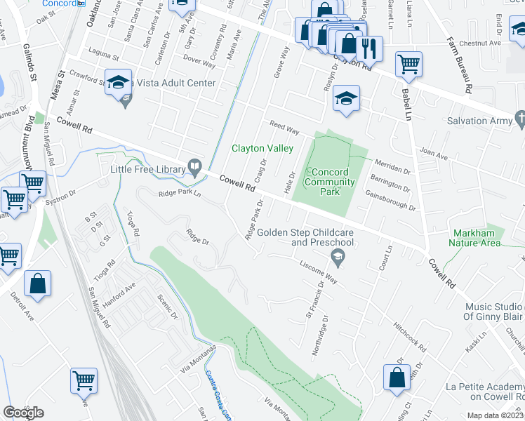 map of restaurants, bars, coffee shops, grocery stores, and more near 1009 Ridge Park Drive in Concord