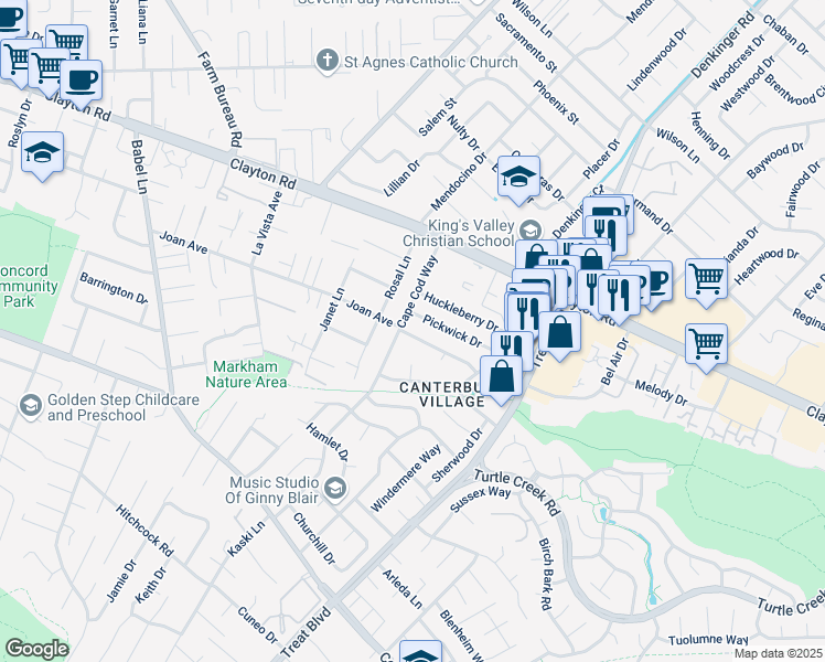 map of restaurants, bars, coffee shops, grocery stores, and more near 4105 Joan Avenue in Concord