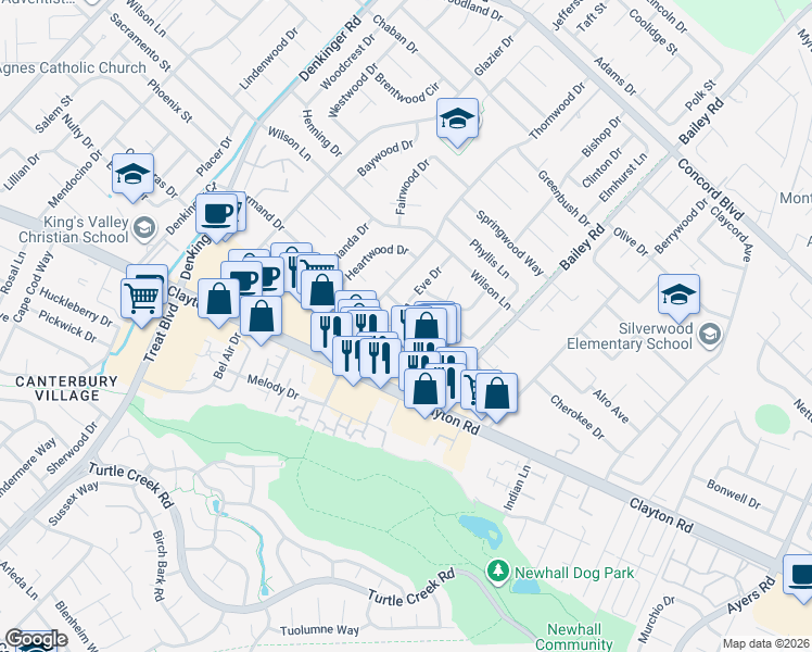 map of restaurants, bars, coffee shops, grocery stores, and more near 4643 East Rishell Court in Concord