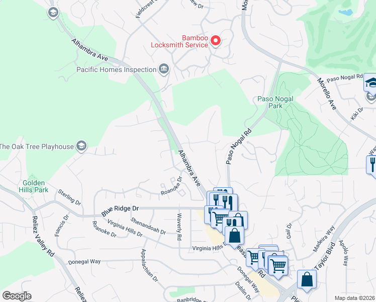 map of restaurants, bars, coffee shops, grocery stores, and more near 107 Judy Court in Martinez