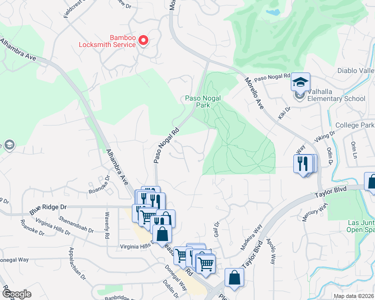 map of restaurants, bars, coffee shops, grocery stores, and more near 342 Primrose Drive in Pleasant Hill