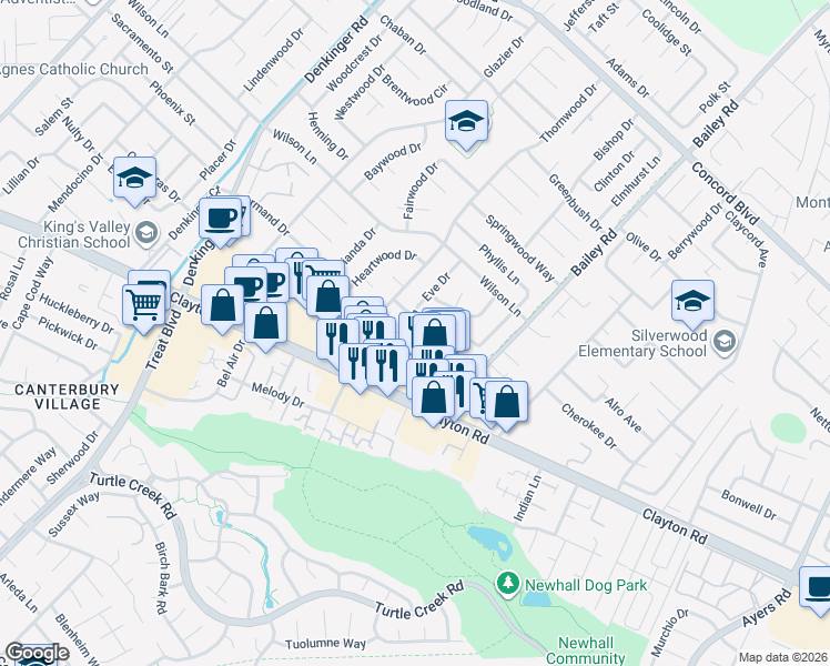 map of restaurants, bars, coffee shops, grocery stores, and more near 4643 East Rishell Court in Concord