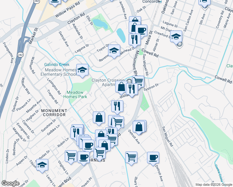map of restaurants, bars, coffee shops, grocery stores, and more near 2525 Walters Way in Concord