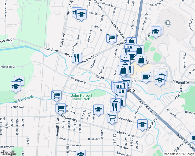 map of restaurants, bars, coffee shops, grocery stores, and more near 1772 County Highway 20 in San Pablo