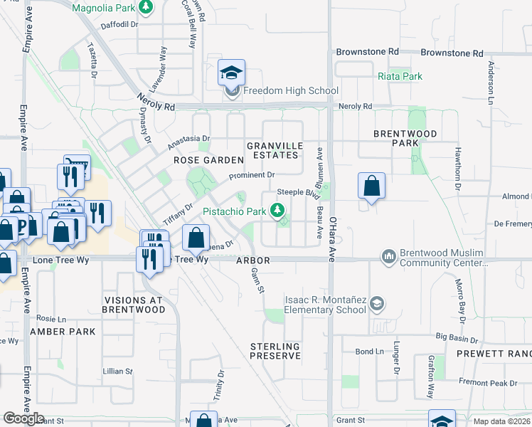 map of restaurants, bars, coffee shops, grocery stores, and more near 2515 Shadowbrooke Road in Brentwood