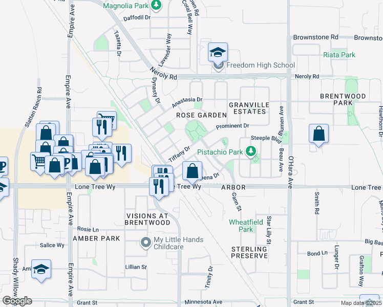 map of restaurants, bars, coffee shops, grocery stores, and more near 1248 Picadilly Lane in Brentwood
