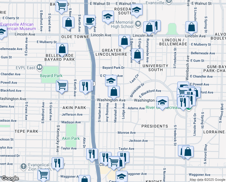 map of restaurants, bars, coffee shops, grocery stores, and more near 1300 Washington Avenue in Evansville