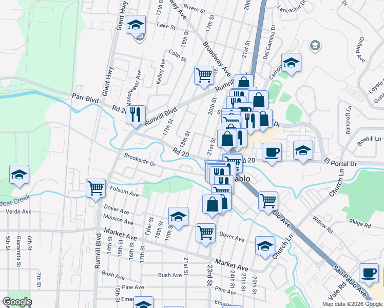 map of restaurants, bars, coffee shops, grocery stores, and more near 1907 County Highway 20 in San Pablo
