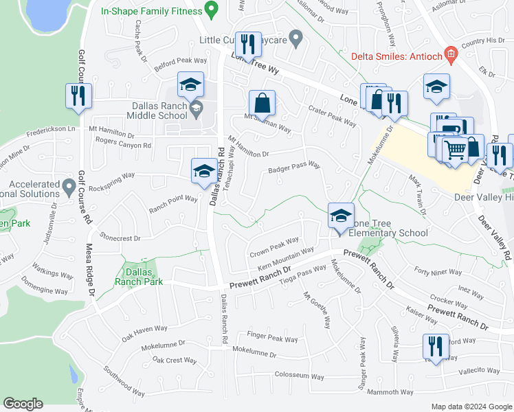 map of restaurants, bars, coffee shops, grocery stores, and more near 1814 Badger Pass Way in Antioch