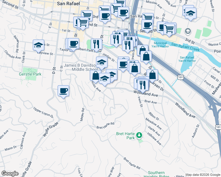 map of restaurants, bars, coffee shops, grocery stores, and more near Woodland Avenue & Bungalow Avenue in San Rafael