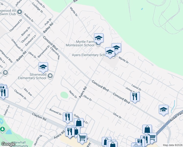 map of restaurants, bars, coffee shops, grocery stores, and more near 5023 Concord Boulevard in Concord