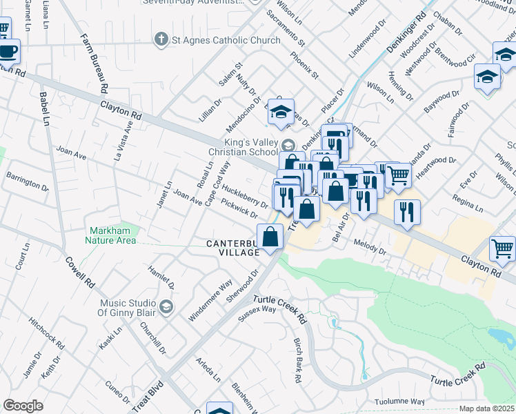 map of restaurants, bars, coffee shops, grocery stores, and more near 4178 Huckleberry Drive in Concord