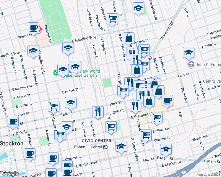 map of restaurants, bars, coffee shops, grocery stores, and more near 825 North Pilgrim Street in Stockton