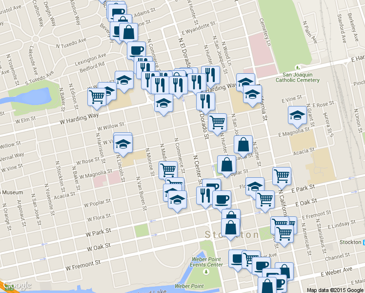 map of restaurants, bars, coffee shops, grocery stores, and more near 11 West Magnolia Street in Stockton