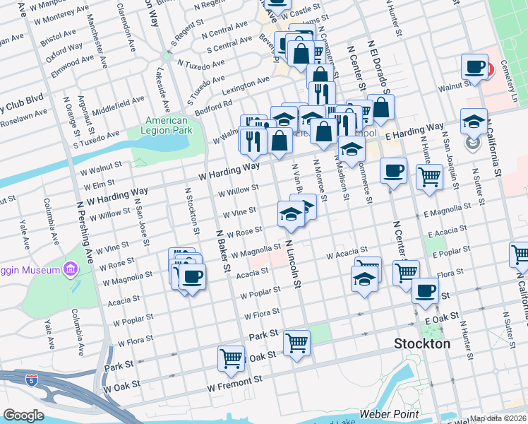 map of restaurants, bars, coffee shops, grocery stores, and more near 1220 North Harrison Street in Stockton