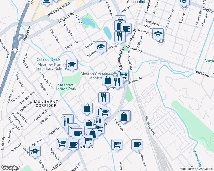 map of restaurants, bars, coffee shops, grocery stores, and more near 19 Walters Way in Concord