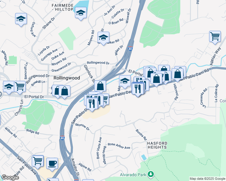 map of restaurants, bars, coffee shops, grocery stores, and more near 3445 San Pablo Dam Road in El Sobrante