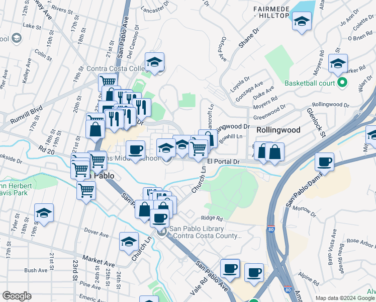 map of restaurants, bars, coffee shops, grocery stores, and more near 2699 El Portal Drive in San Pablo