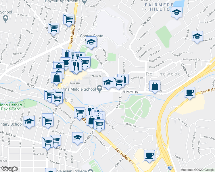 map of restaurants, bars, coffee shops, grocery stores, and more near 2601 Road 20 in San Pablo