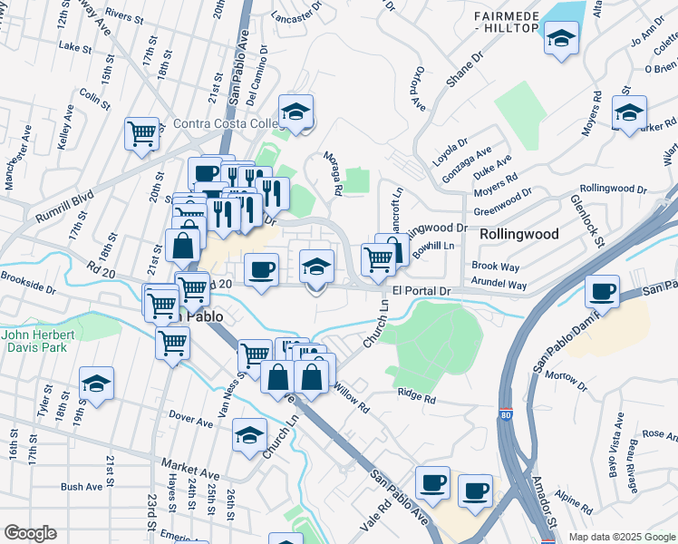 map of restaurants, bars, coffee shops, grocery stores, and more near 2601 Road 20 in San Pablo