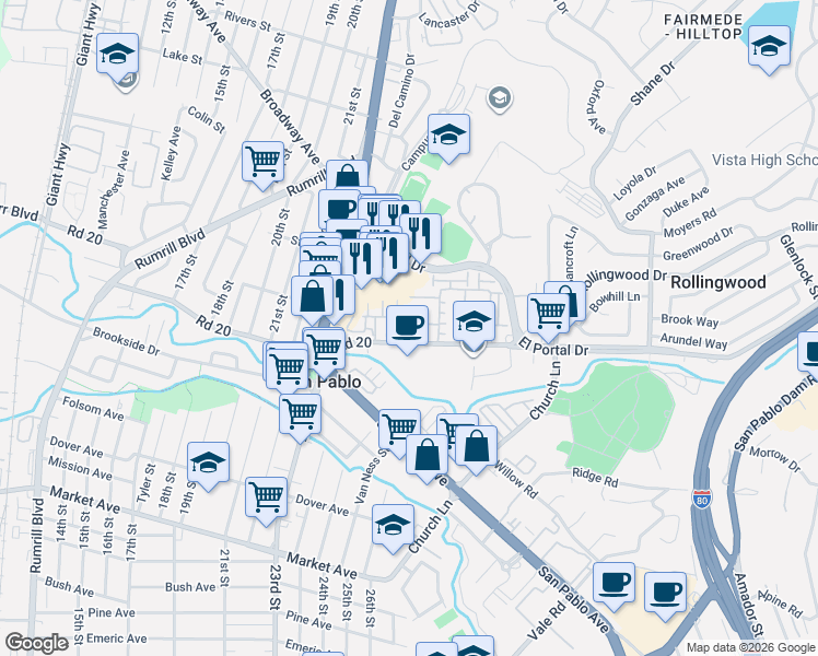 map of restaurants, bars, coffee shops, grocery stores, and more near 118 Carmel Street in San Pablo