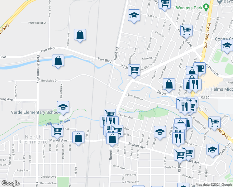 map of restaurants, bars, coffee shops, grocery stores, and more near 1150 Brookside Drive in San Pablo
