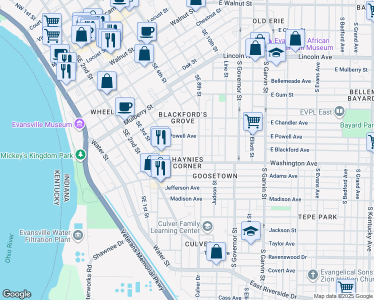 map of restaurants, bars, coffee shops, grocery stores, and more near in Evansville