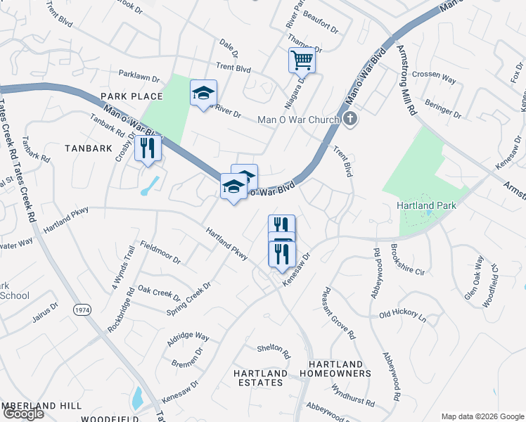 map of restaurants, bars, coffee shops, grocery stores, and more near 1368 Hartland Woods Way in Lexington