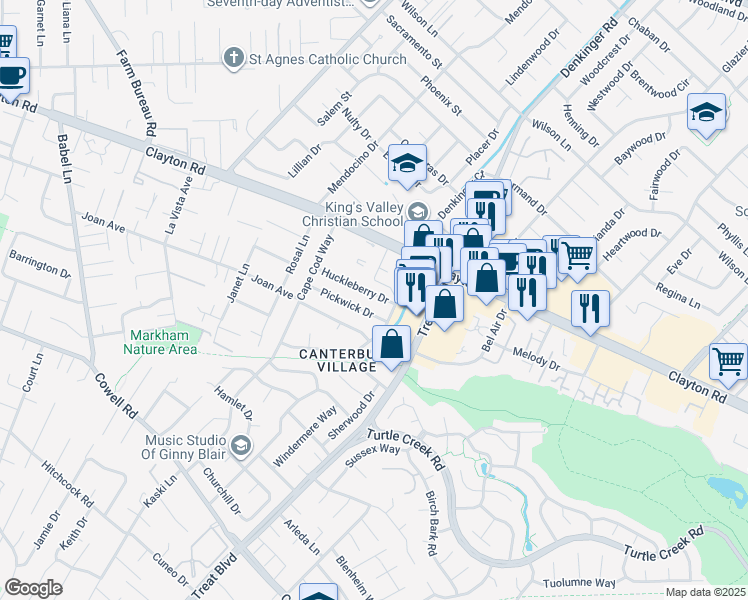 map of restaurants, bars, coffee shops, grocery stores, and more near 4178 Huckleberry Drive in Concord