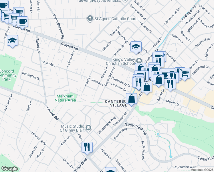 map of restaurants, bars, coffee shops, grocery stores, and more near 4101 Joan Avenue in Concord