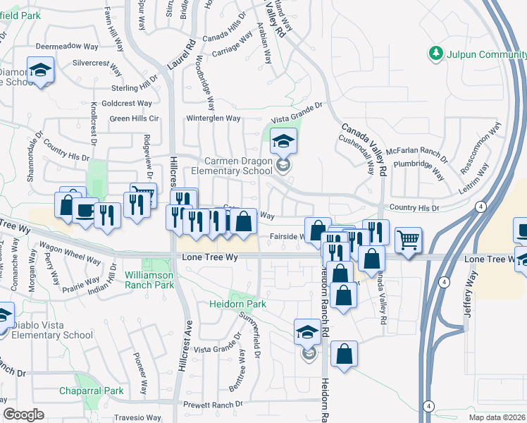 map of restaurants, bars, coffee shops, grocery stores, and more near 4932 Waterford Way in Antioch