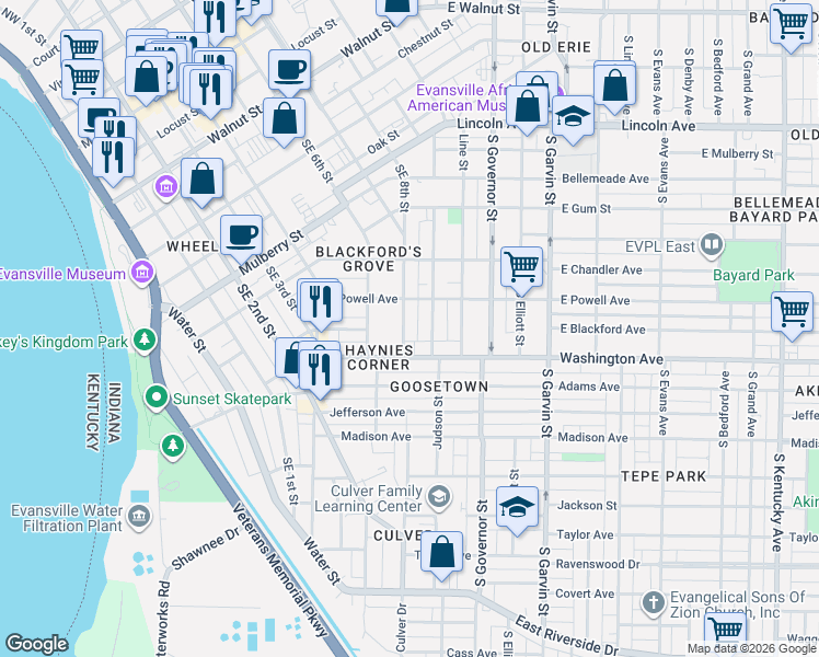 map of restaurants, bars, coffee shops, grocery stores, and more near 932 Southeast 8th Street in Evansville