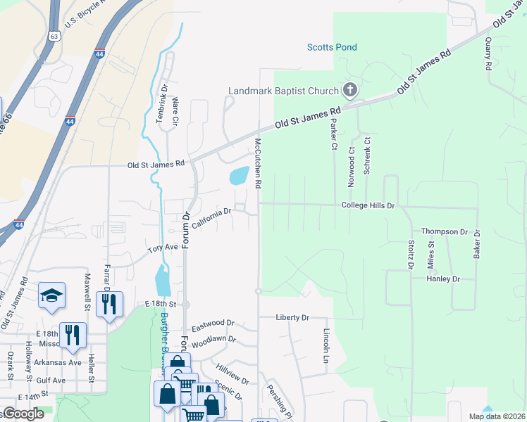 map of restaurants, bars, coffee shops, grocery stores, and more near 1964 McCutchen Road in Rolla