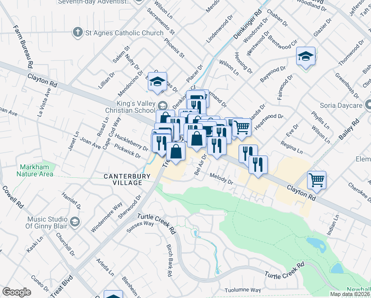 map of restaurants, bars, coffee shops, grocery stores, and more near 4498 Treat Boulevard in Concord