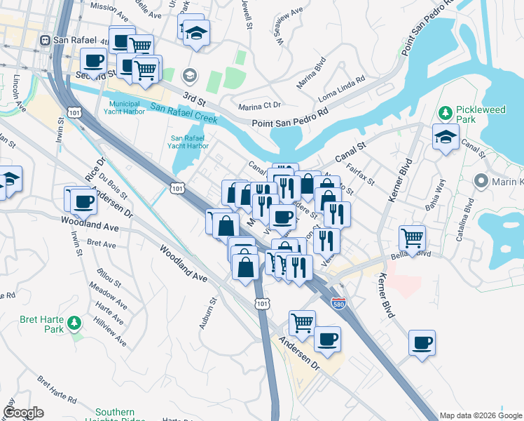 map of restaurants, bars, coffee shops, grocery stores, and more near 16 Medway Road in San Rafael