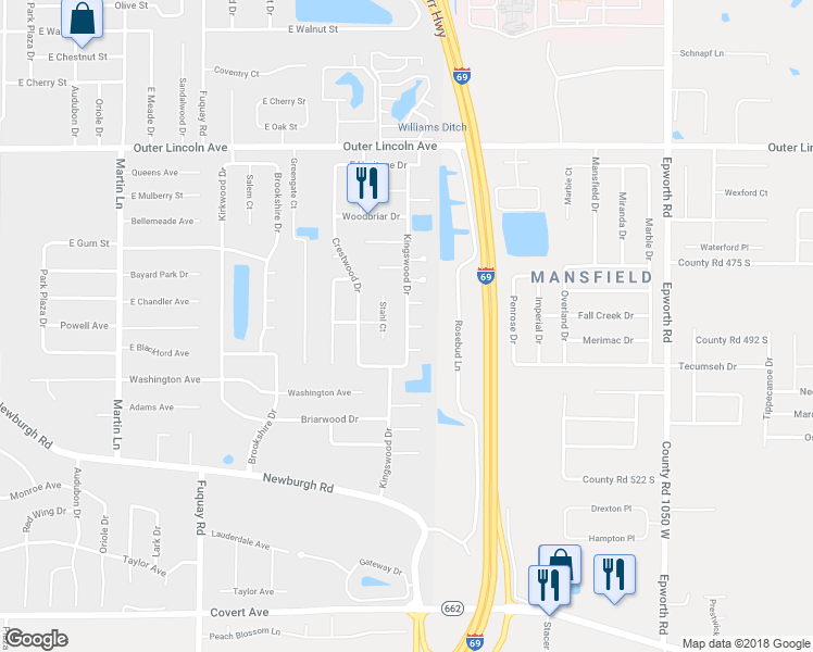 map of restaurants, bars, coffee shops, grocery stores, and more near 1167 Kingswood Drive in Evansville