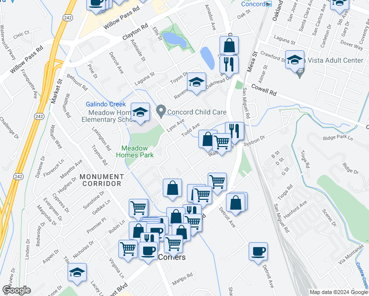 map of restaurants, bars, coffee shops, grocery stores, and more near 1273 Detroit Avenue in Concord