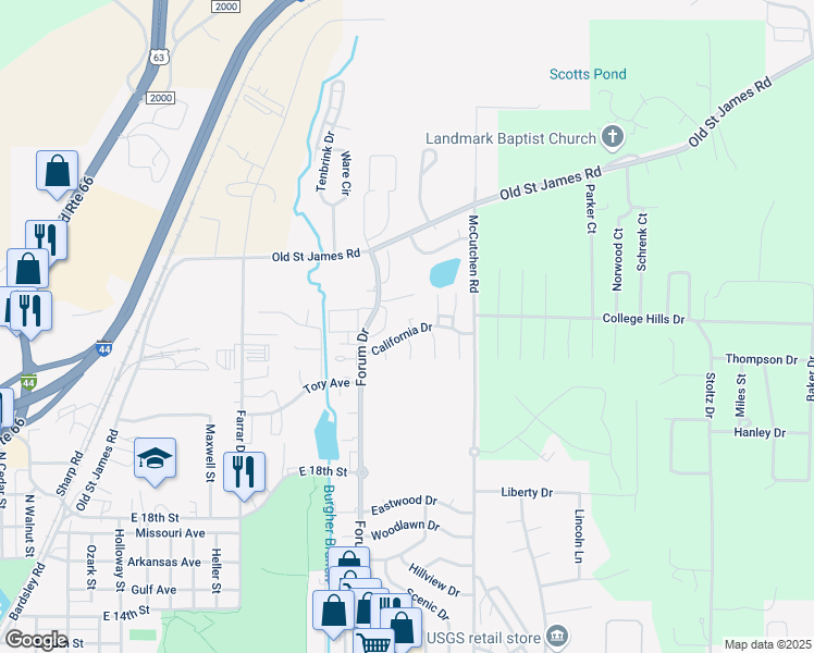 map of restaurants, bars, coffee shops, grocery stores, and more near 1317 California Drive in Rolla