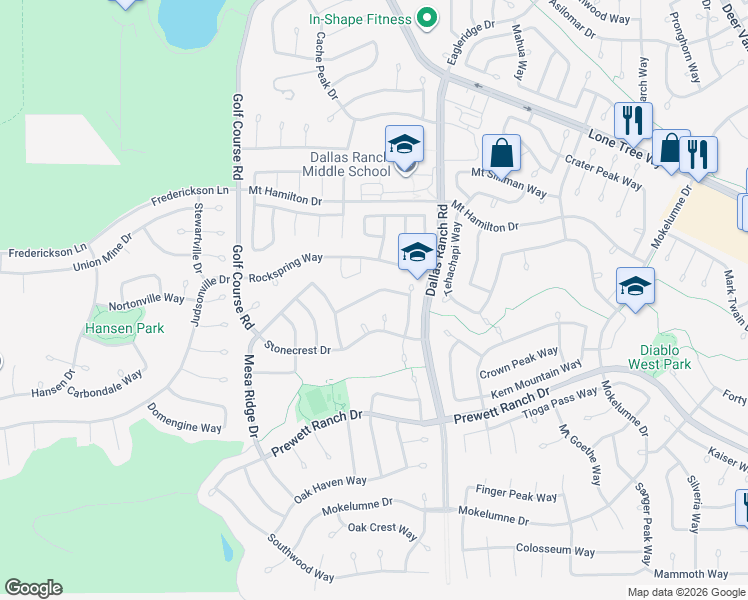map of restaurants, bars, coffee shops, grocery stores, and more near 1123 Ranch Point Way in Antioch