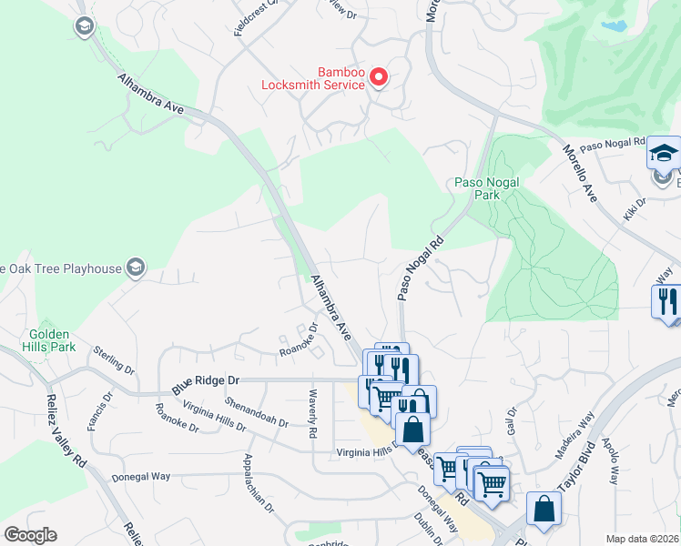 map of restaurants, bars, coffee shops, grocery stores, and more near 12 Paddock Court in Pleasant Hill