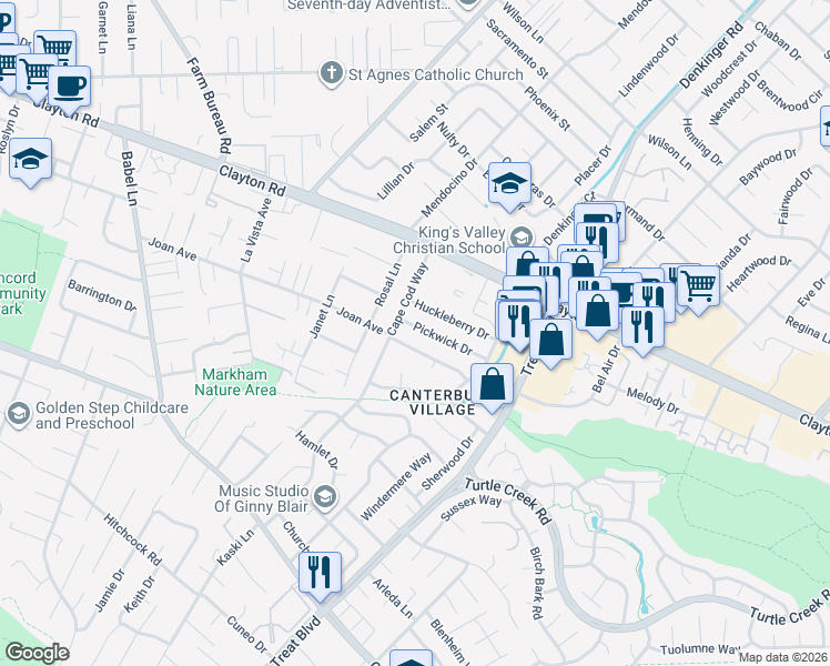 map of restaurants, bars, coffee shops, grocery stores, and more near 4126 Pickwick Drive in Concord