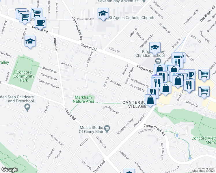 map of restaurants, bars, coffee shops, grocery stores, and more near 4023 Golden Avenue in Concord