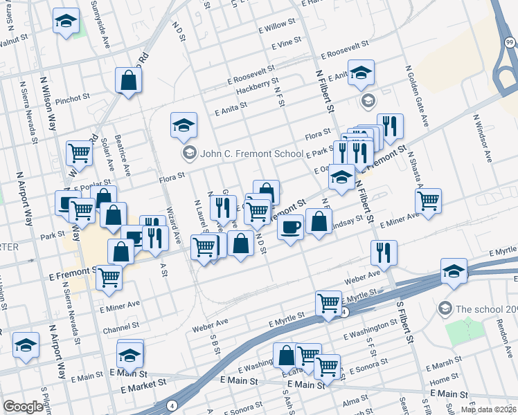 map of restaurants, bars, coffee shops, grocery stores, and more near 2285 East Fremont Street in Stockton