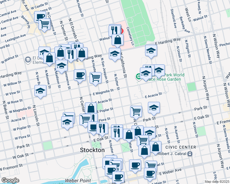 map of restaurants, bars, coffee shops, grocery stores, and more near 1027 North San Joaquin Street in Stockton