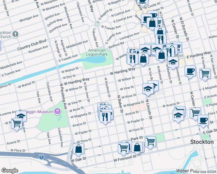 map of restaurants, bars, coffee shops, grocery stores, and more near 1301 North Stockton Street in Stockton