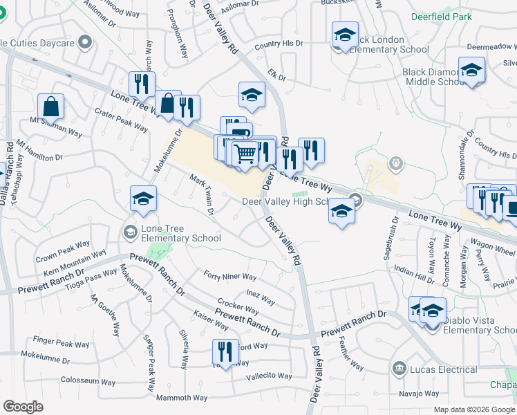 map of restaurants, bars, coffee shops, grocery stores, and more near 2440 Johns Way in Antioch